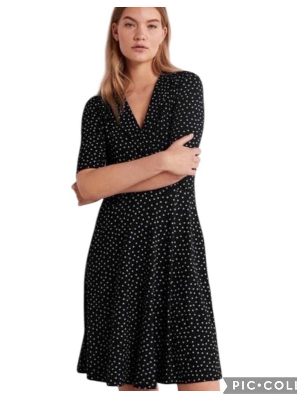 EUC Boden Polka Dot Fixed Wrap Jersey Fit & Flare Dress in Black/Periwinkle